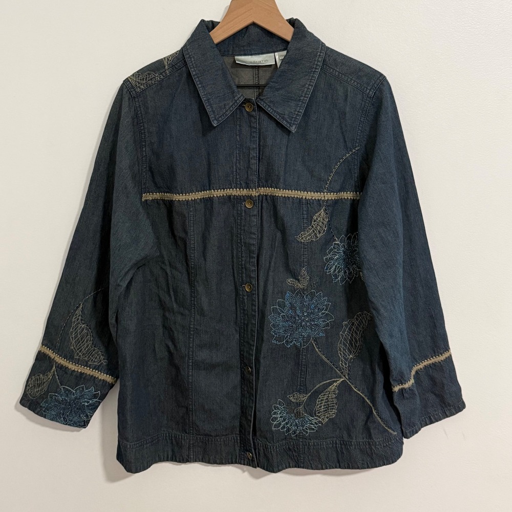 Vintage Denim Jacket Womens 1X Blue Floral Embroidered Button Front Boho Y2K - Picture 1 of 8